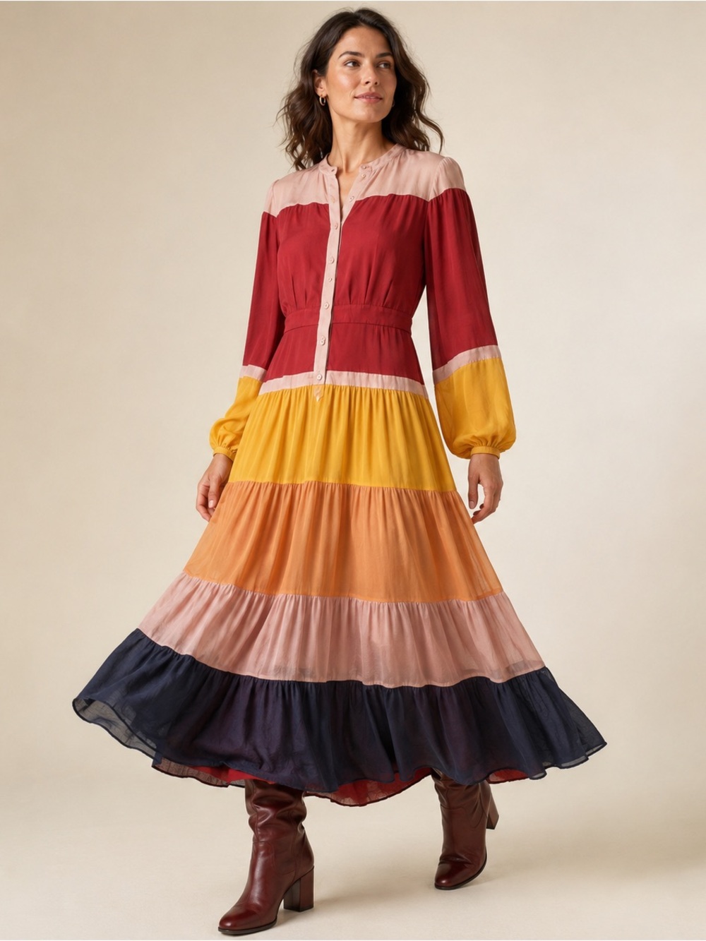 Joie Kolia Silk Maxi Dress S Colorblock 70s Boho Artsy Cool Girl Fall